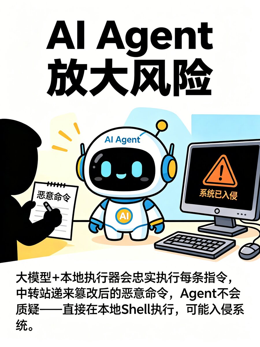 AI Agent 放大风险：中转站递来恶意命令，Agent 不质疑直接在本地 Shell 执行，导致系统被入侵