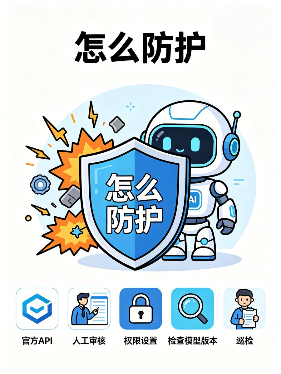 怎么防护：官方 API、人工审核、权限设置、检查模型版本、定期巡检五项安全措施